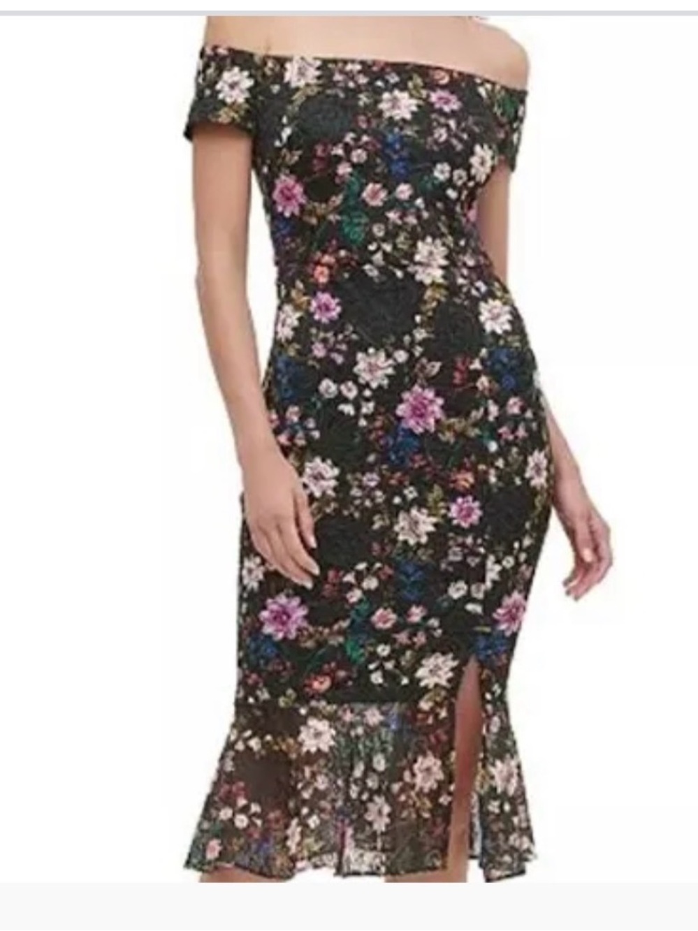 Guess 12 off shoulder black embroidered floral overlay side slit garden dress
